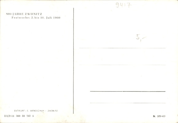 Artist Postcard Wendschuh, E., Zwönitz in the Ore Mountains Saxony, 800th anniversary of the city, 1960