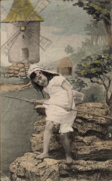 Postcard Girl with fishing rod standing in front of a mill