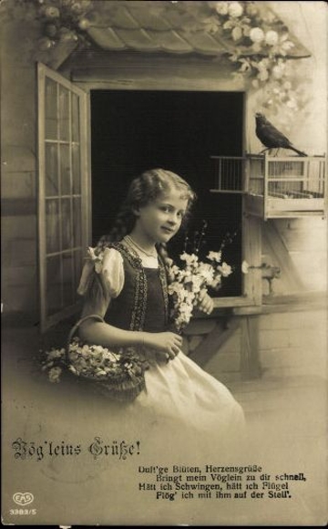 6 old Postcard series young girl with flower basket and bird &quot;Vög&#39;leins Greetings!&quot;