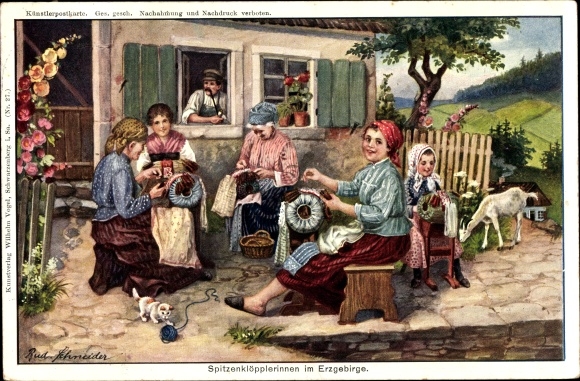 Artist PC Schneider, Rud., lace makers in the Ore Mountains, goat