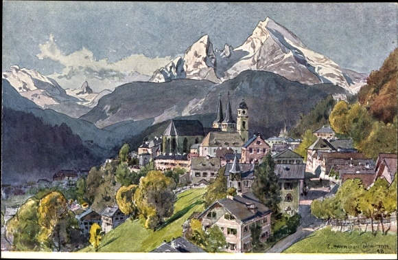Kunstenaarskaart Compton, Edward H., Berchtesgaden in Opper-Beieren, uitzicht op de stad