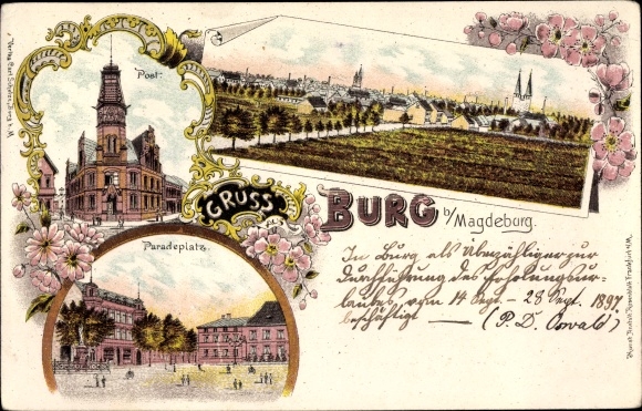 Chromo-Litho Burg near Magdeburg, post office, panorama of the village, parade ground