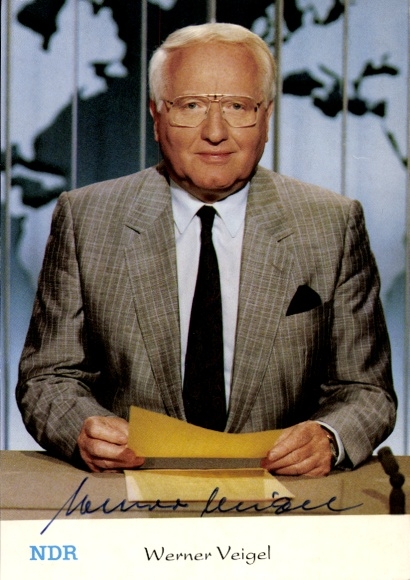 Postcard news anchor Werner Veigel, portrait, autograph