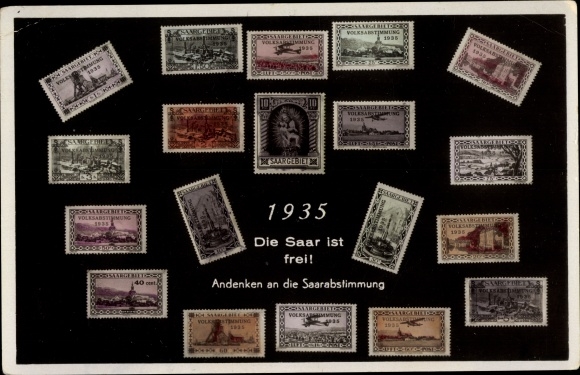 Postzegels ansichtkaart De Saar is vrij, referendum Saargebied 1935, Duits is de Saar