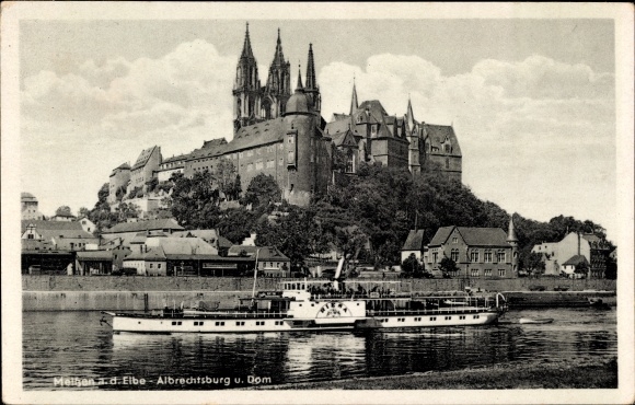 Postcard Elbe steamer Riesa in Meißen, Albrechtsburg, cathedral