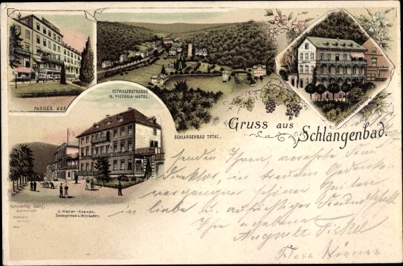 Litho Schlangenbad im Taunus Hessen, Victoria Hotel, Eltvillerstraße, Pariser Hof