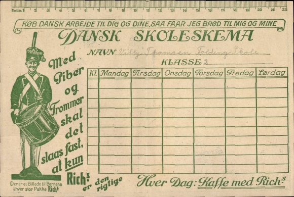Timetable RICH&#39;s new coffee addition, soldier with drum, packaging around 1920