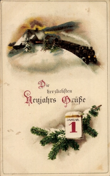 Postcard Happy New Year, village idyll, railway, calendar