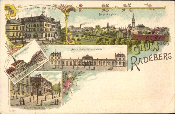 Chromo-Litho Radeberg, total view, station building, market, Hotel zum Kaiserhof