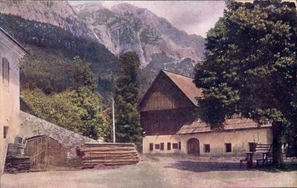Postcard Nötsch am Dobratsch Carinthia, mountain landscape, farm, trees, woodpile