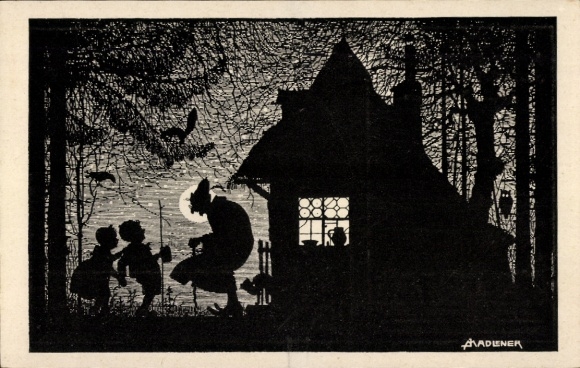 Paper cutting artist Postcard Madlener, J., fairy tale, children, witch
