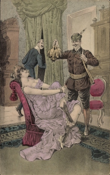 Artist Postcard Woman in underdress on an armchair, hunter in traditional costume