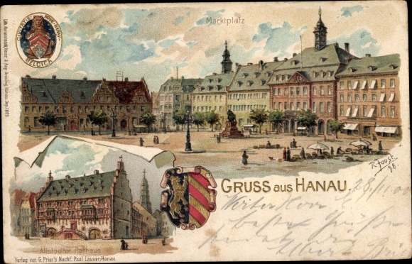 Embossed Coat of Arms Artist Chromo-Litho Joost, R., Hanau Main Kinzig District, Town Hall, Market Square