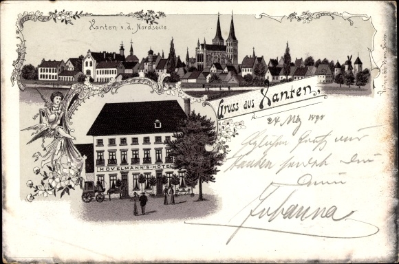 Litho Xanten am Niederrhein, Hövelmann's Hotel, Blick auf den Ort