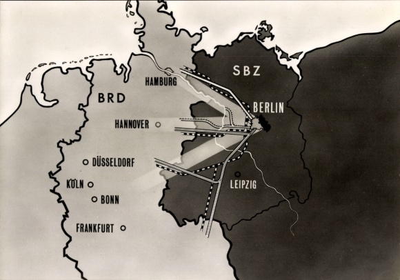 Maps Postcard connecting line from Berlin to West Germany, SBZ, FRG