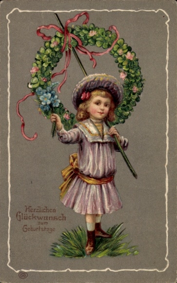 Embossed Postcard Birthday wishes, girl, clover wreath