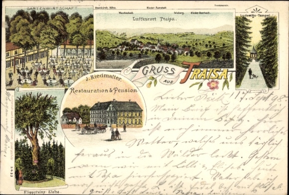Chromo-Litho Traisa Mühltal in the Vorderen Odenwald Hesse, restoration J. Riedmatter, Klippsteins Eiche
