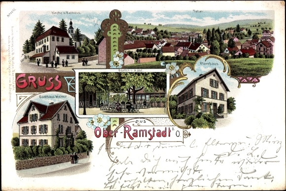 Chromo-Litho Ober Ramstadt in the Odenwald Hesse, rectory, church, inn Wiener, town hall