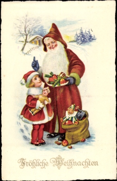 Ak Glückwunsch Weihnachten, Weihnachtsmann mit Gabenteller, Geschenkesack