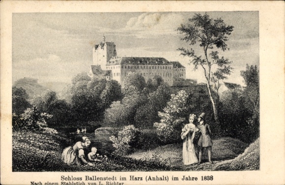 Artist Postcard Richter, L., Ballenstedt in the Harz, Part on the meadow with a view of the castle 1888