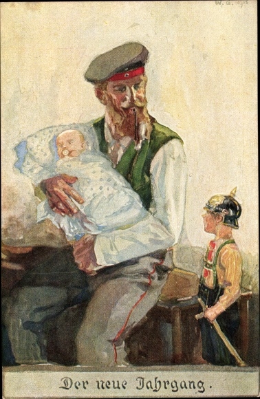 Postcard The new vintage, German soldier in uniform with baby, son in uniform