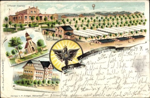 Chromo-Litho Dallgow Döberitz im Havelland, military training area, camp, captive balloon, officers' mess