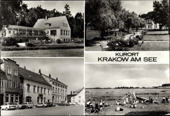 Postcard Krakow am See in Mecklenburg, HO restaurant Jörnberg, promenade and restaurant Seehotel, Bad