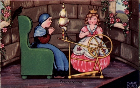 Kunstenaar Ak Boriss, Margret, Doornroosje, Spinnewiel, Prinses, Sprookje, Gebroeders Grimm, Amag 0345