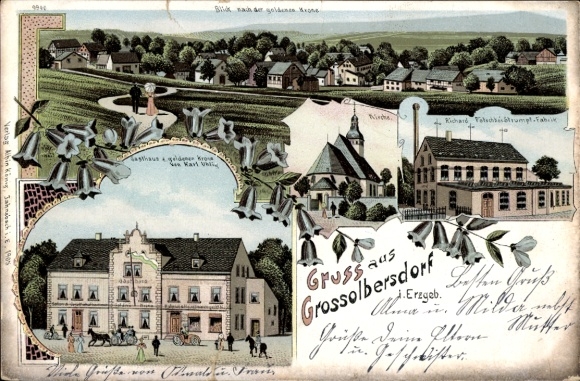 Chromo-Litho Großolbersdorf in the Ore Mountains, Panorama, Town Hall, Gasthaus zur goldenen Krone
