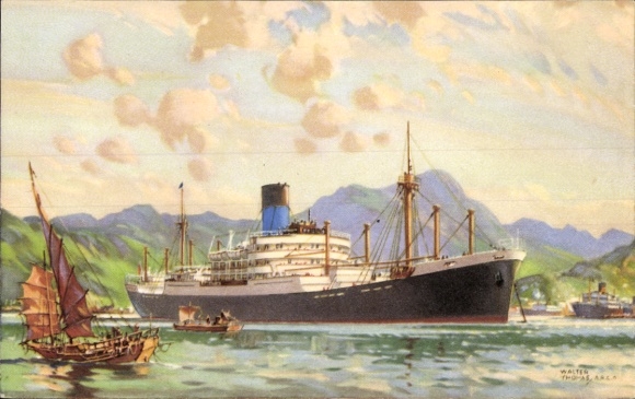 Kunstenaar Ak Thomas, Walter, Stoomschip van de Blue Funnel Line