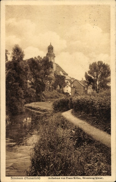 Postcard Simmern in the Hunsrück, historical building, river, tree landscape, by Franz Killan