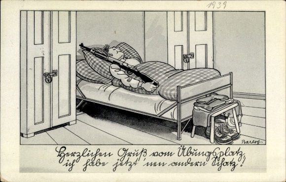 Artist Postcard Barlog, German Wehrmacht, Sleeping Soldier with Rifle, II. World War