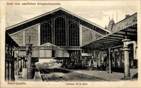 Postcard Saint Quentin Aisne, train station, track view