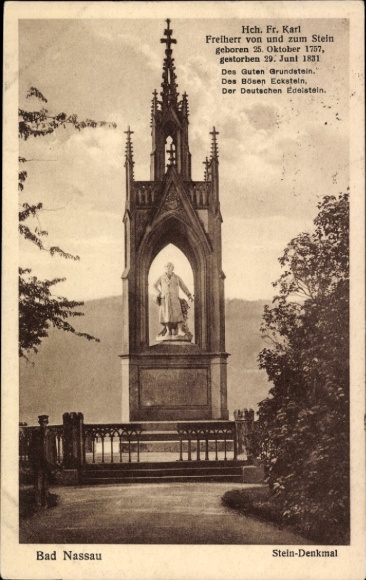 Postcard Bad Nassau an der Lahn, stone monument, Hch. Fr. Karl Freiherr von und zum Stein