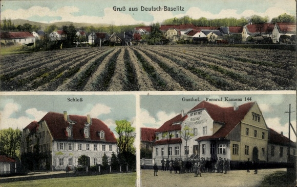 Ak Deutschbaselitz Kamenz Sachsen, Ort am Feld, Schloss, Gasthof