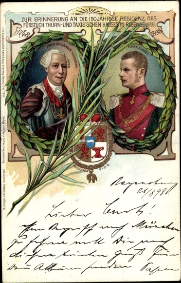 Embossed Coat of Arms Chromo-Litho Prince Alexander Ferdinand, Prince Albert, Thurn und Taxis