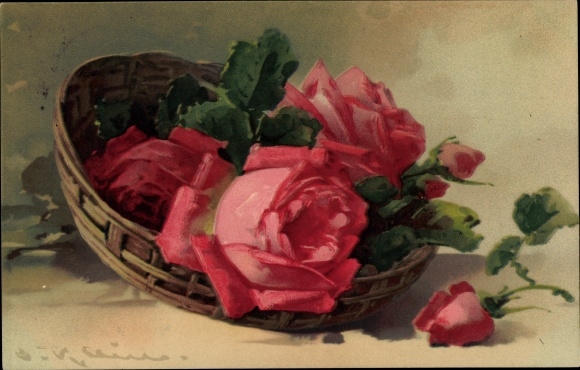 Artist PC Catharina Klein, red roses in a basket, Meissner &amp; Buch 1934