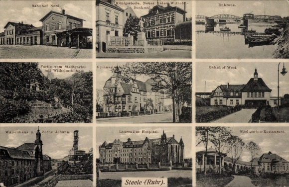 Postcard Steele Essen in the Ruhr area, West Station, Kaiser Wilhelm Memorial, Stadtgarten Restaurant