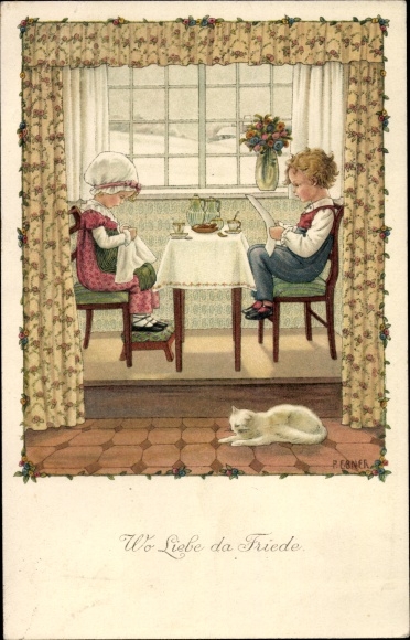 Artist PC Ebner, Pauli, where love there peace, children read the newspaper and knit at the table, cat
