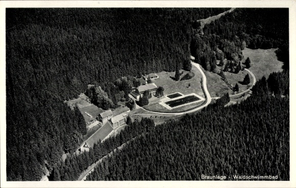 Postcard Braunlage in the Harz Mountains, aerial photograph, forest swimming pool, green areas, buildings, forest