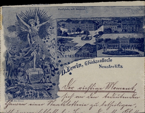 Papeteria pocztowa Cesarstwo Niemieckie, Neustrelitz, Glückscollecte D. Lewin, Rynek, Pomnik, Oranżeria