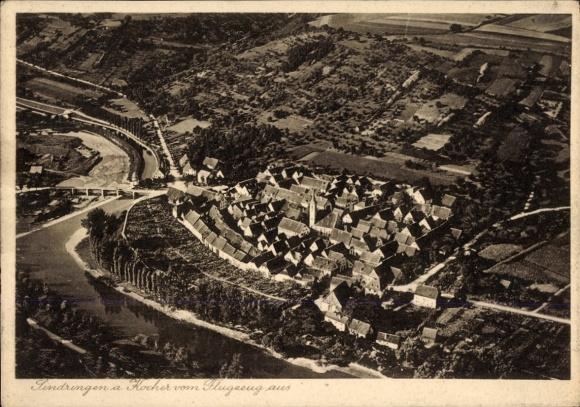Postcard Sindringen Forchtenberg in Hohenlohekreis, Kocher, aerial photograph