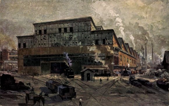 Kunstenaarskaart Essen in het Ruhrgebied, gietstaalfabriek, persconstructie II