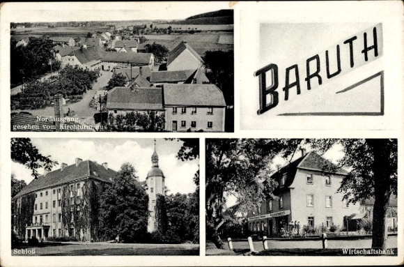 Ak Baruth Malschwitz in Oberlausitz, kasteel, zakenbank, uitzicht vanaf de kerktoren