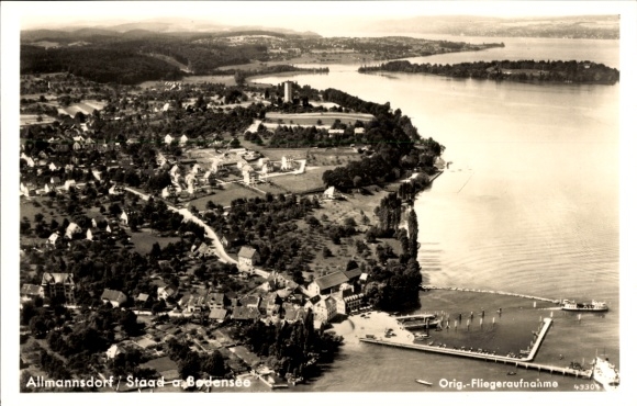 Ak Konstanz am Bodensee, Fliegeraufnahme der Stadt, Jugendherberge, Insel Mainau, Fährhafen