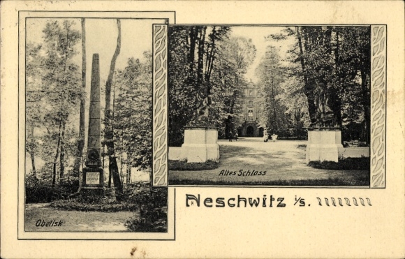 Ak Neschwitz in Sachsen, Obelisk, Altes Schloss, Schwarzweiß-Bild