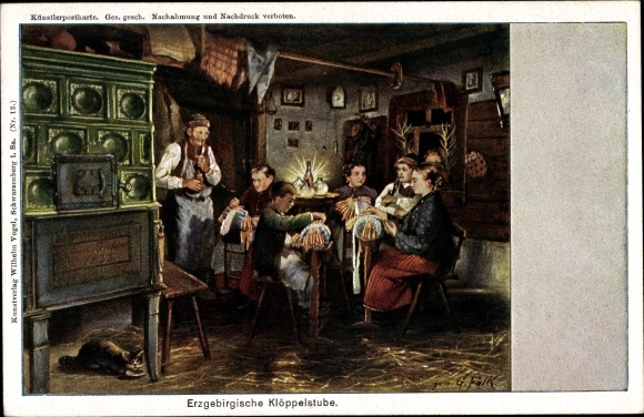 Artist Postcard Falk, G., Erzgebirge Klöppelstube, tiled stove