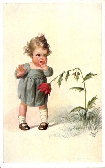 Künstler Ak Fialkowska, Wally, Mädchen, abgeknickte Blume
