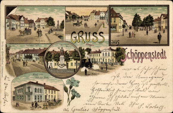 Chromo-Litho Schöppenstedt in Lower Saxony, market square, Wilhelmstraße, train station, Hotel zum deutschen Haus