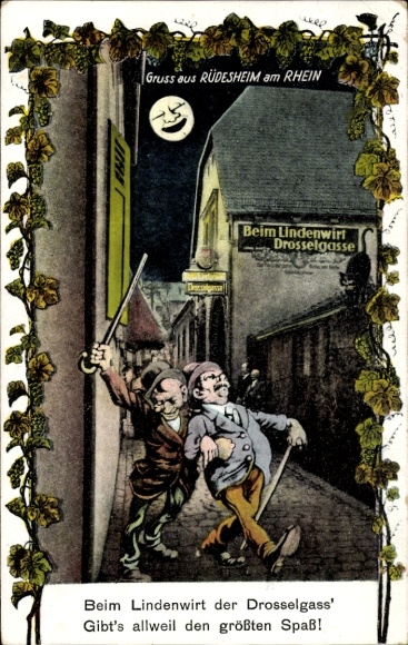 Postcard Beim Lindenwirt der Drosselgass, Drunken men stagger across the street